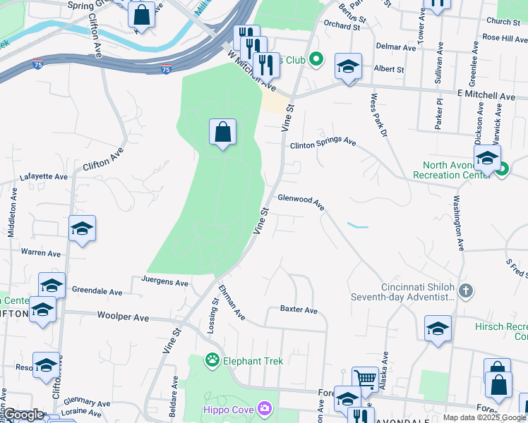 map of restaurants, bars, coffee shops, grocery stores, and more near Vine Street & Glen Este Place in Cincinnati