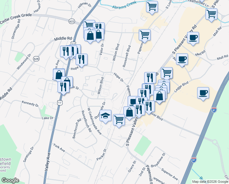 map of restaurants, bars, coffee shops, grocery stores, and more near 2531 Bradford Court in Winchester