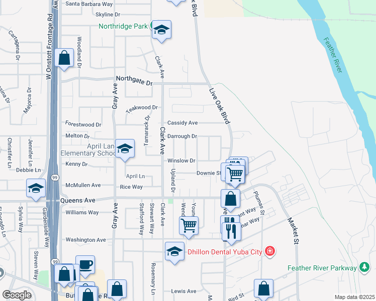 map of restaurants, bars, coffee shops, grocery stores, and more near 639 Winslow Drive in Yuba City