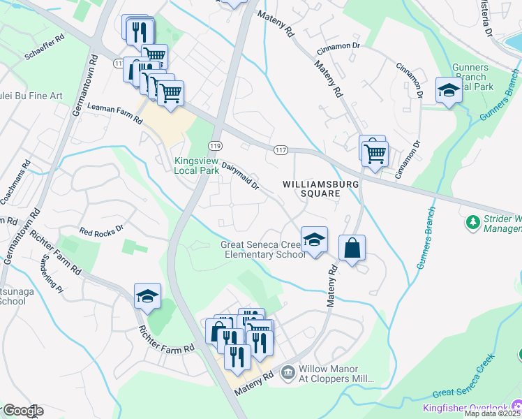 map of restaurants, bars, coffee shops, grocery stores, and more near 18010 Chalet Drive in Germantown