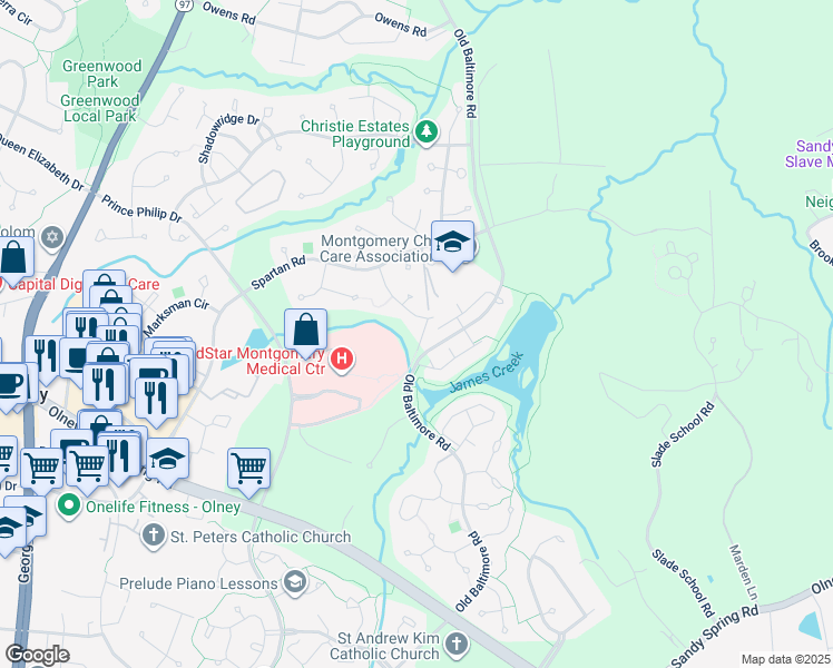 map of restaurants, bars, coffee shops, grocery stores, and more near 18200 Littlebrooke Drive in Olney