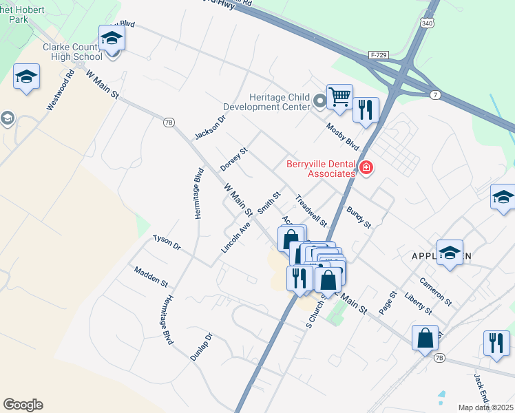 map of restaurants, bars, coffee shops, grocery stores, and more near 241 Cameron Street in Berryville