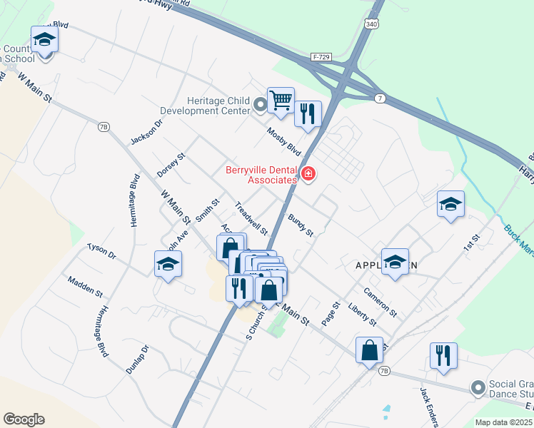 map of restaurants, bars, coffee shops, grocery stores, and more near 208 Rice Street in Berryville