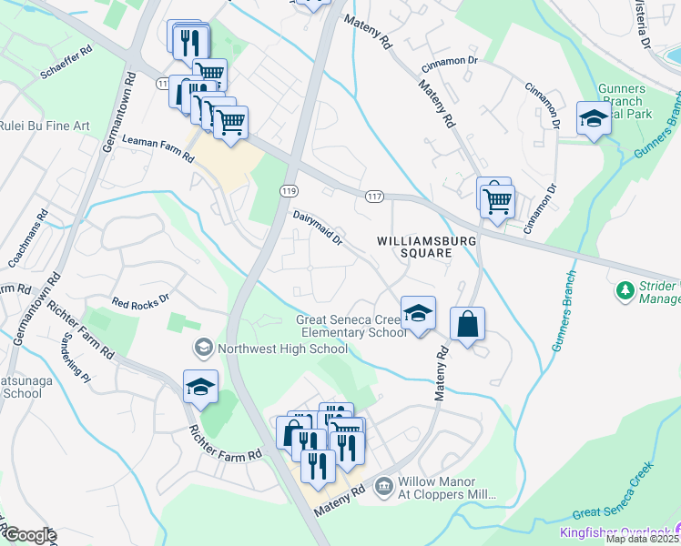 map of restaurants, bars, coffee shops, grocery stores, and more near 13128 Wonderland Way in Germantown