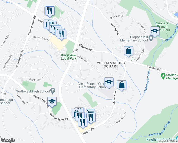 map of restaurants, bars, coffee shops, grocery stores, and more near 13120 Wonderland Way in Germantown