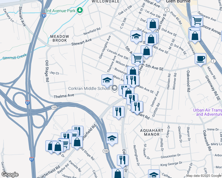 map of restaurants, bars, coffee shops, grocery stores, and more near 7600 Quarterfield Road in Glen Burnie