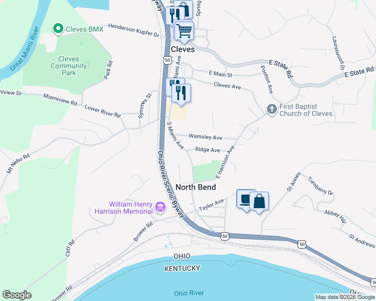map of restaurants, bars, coffee shops, grocery stores, and more near 4 Ridge Avenue in Cleves