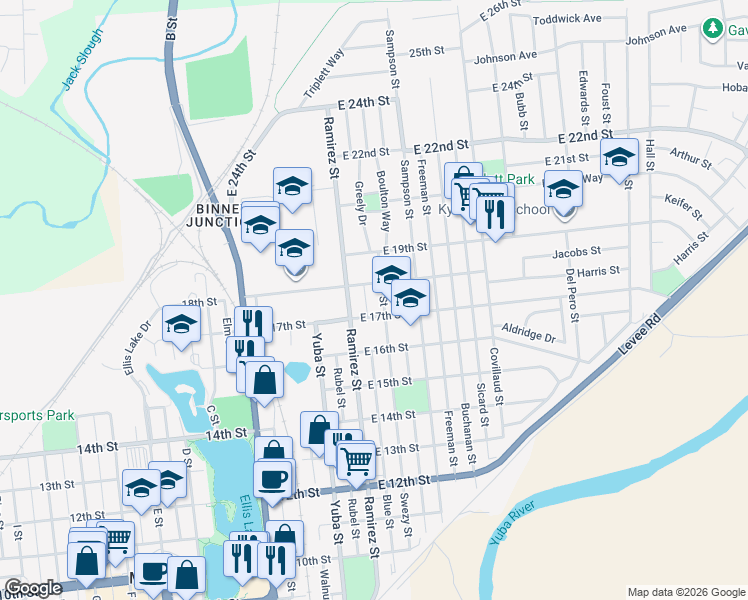 map of restaurants, bars, coffee shops, grocery stores, and more near 131 East 17th Street in Marysville
