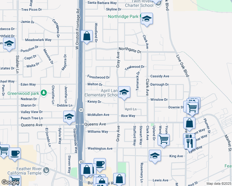 map of restaurants, bars, coffee shops, grocery stores, and more near 1118 Casita Drive in Yuba City