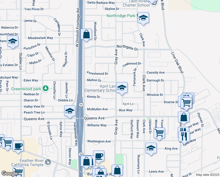 map of restaurants, bars, coffee shops, grocery stores, and more near 1118 Casita Drive in Yuba City