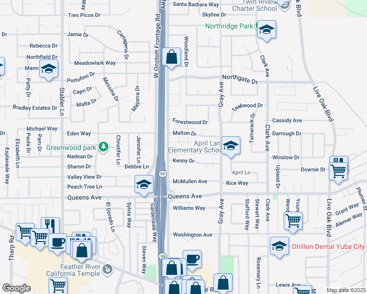 map of restaurants, bars, coffee shops, grocery stores, and more near 1248 Casita Drive in Yuba City