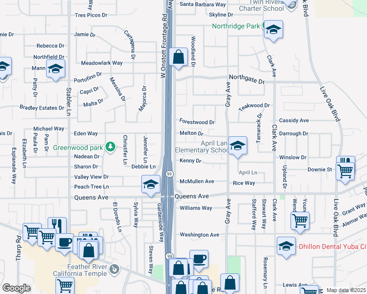 map of restaurants, bars, coffee shops, grocery stores, and more near 1248 Casita Drive in Yuba City