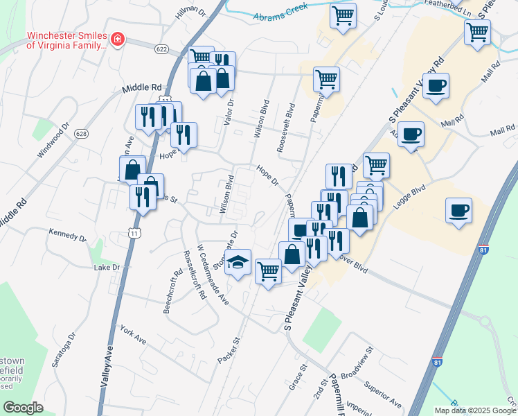 map of restaurants, bars, coffee shops, grocery stores, and more near 2531 Bradford Court in Winchester