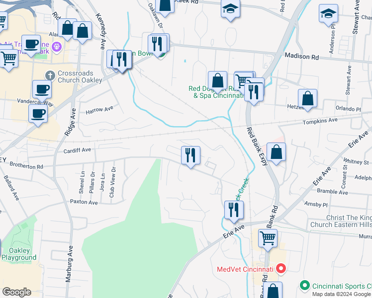 map of restaurants, bars, coffee shops, grocery stores, and more near 4212 Allendorf Drive in Cincinnati