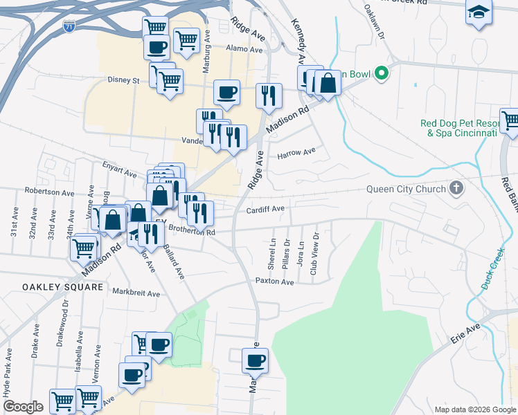 map of restaurants, bars, coffee shops, grocery stores, and more near 3423 Cardiff Avenue in Cincinnati