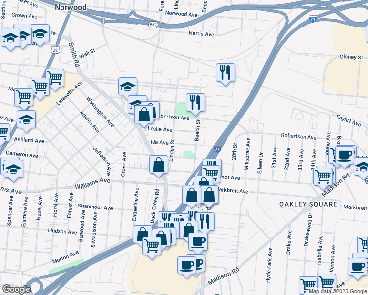 map of restaurants, bars, coffee shops, grocery stores, and more near 4307 Beech Street in Cincinnati