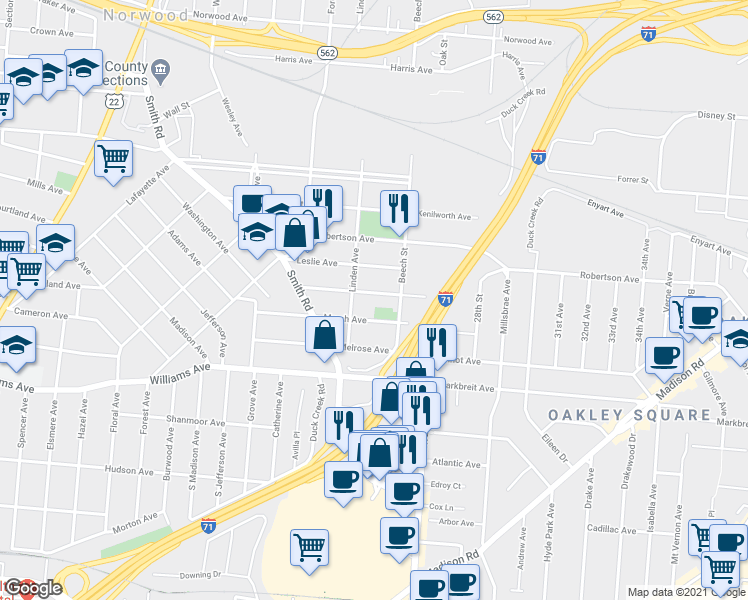 map of restaurants, bars, coffee shops, grocery stores, and more near 4307 Beech Street in Cincinnati