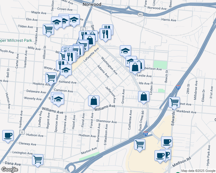 map of restaurants, bars, coffee shops, grocery stores, and more near 4203 Forest Avenue in Norwood