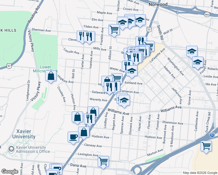 map of restaurants, bars, coffee shops, grocery stores, and more near 2010 Delaware Avenue in Cincinnati