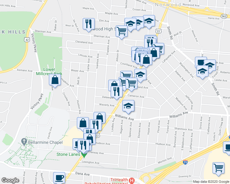 map of restaurants, bars, coffee shops, grocery stores, and more near 2010 Delaware Avenue in Cincinnati