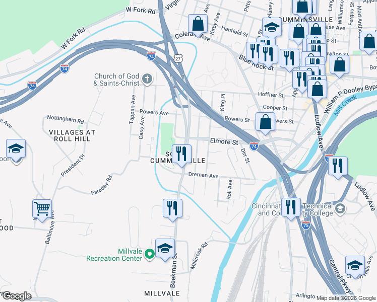 map of restaurants, bars, coffee shops, grocery stores, and more near in Cincinnati