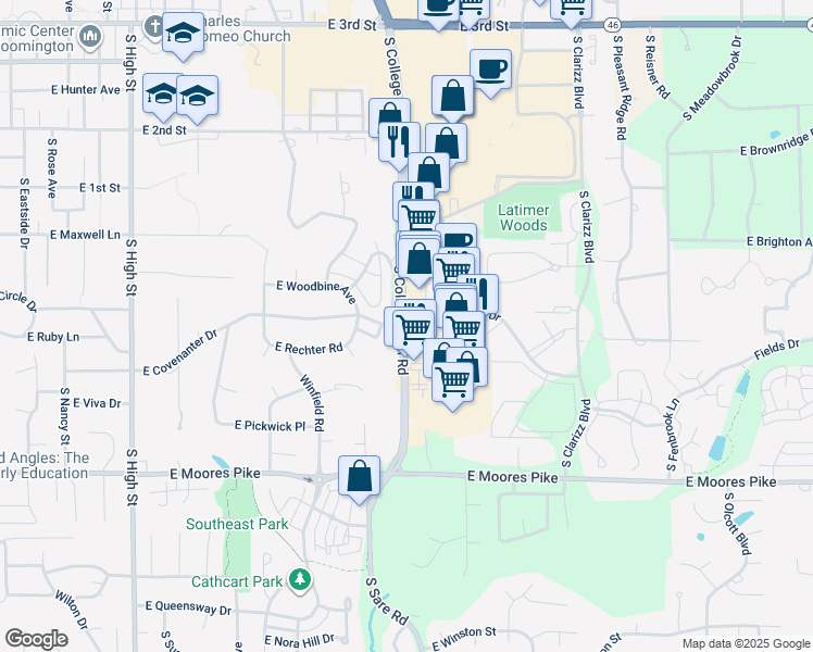 map of restaurants, bars, coffee shops, grocery stores, and more near in Bloomington