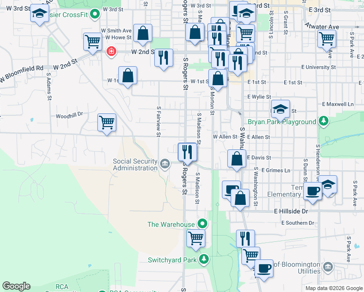 map of restaurants, bars, coffee shops, grocery stores, and more near 514 West Davis Street in Bloomington