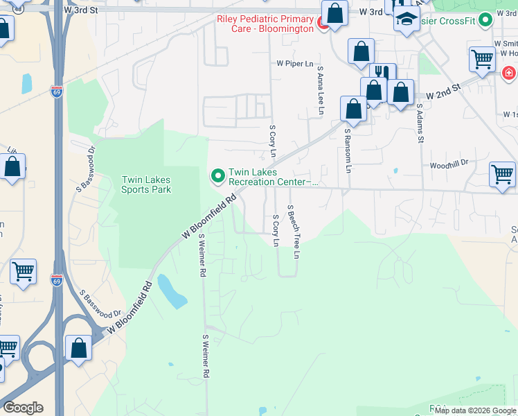 map of restaurants, bars, coffee shops, grocery stores, and more near 1262-1298 South Tall Oaks Drive in Bloomington
