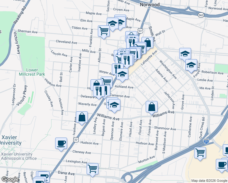 map of restaurants, bars, coffee shops, grocery stores, and more near 2131 Cameron Avenue in Cincinnati