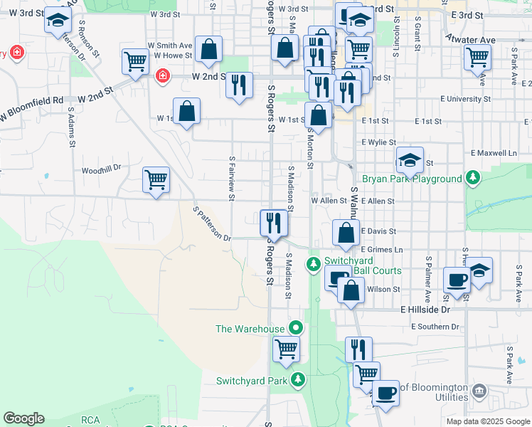 map of restaurants, bars, coffee shops, grocery stores, and more near 514 West Davis Street in Bloomington