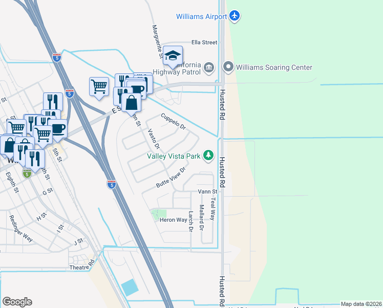 map of restaurants, bars, coffee shops, grocery stores, and more near 544 Butte View Drive in Williams