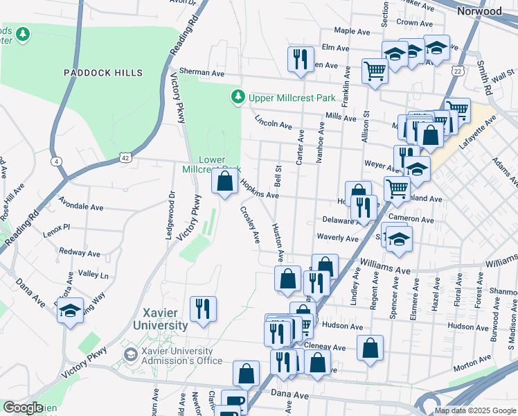 map of restaurants, bars, coffee shops, grocery stores, and more near 4042 Crosley Avenue in Cincinnati
