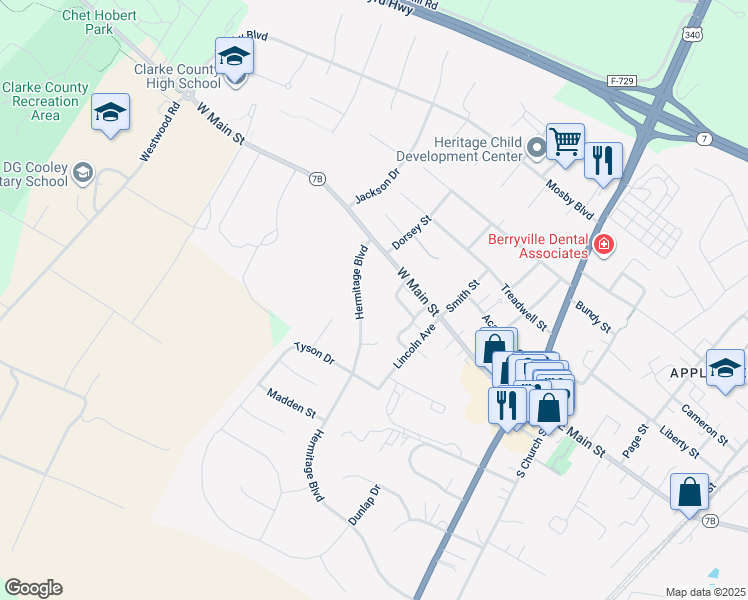 map of restaurants, bars, coffee shops, grocery stores, and more near 243 Cameron Street in Berryville