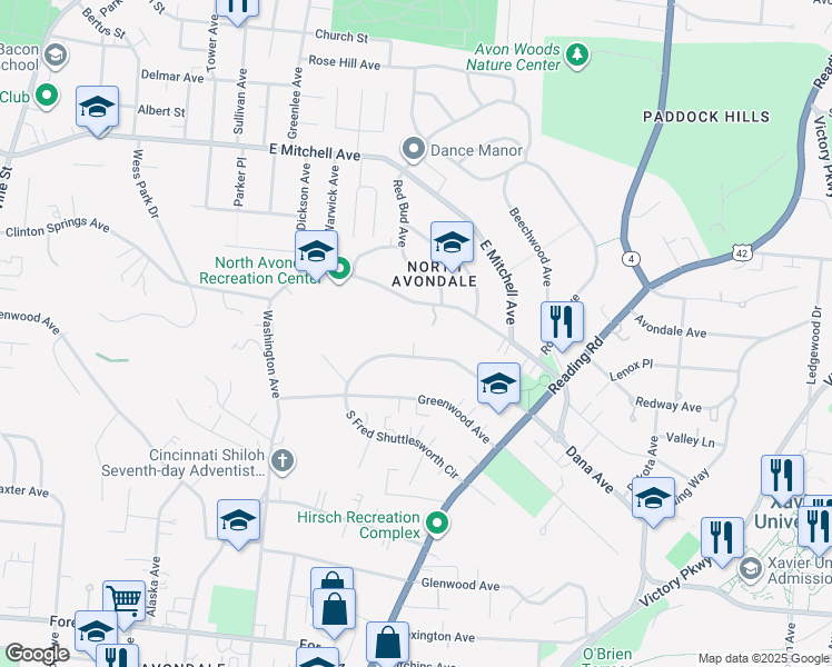 map of restaurants, bars, coffee shops, grocery stores, and more near 710 North Fred Shuttlesworth Circle in Cincinnati