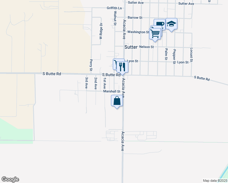 map of restaurants, bars, coffee shops, grocery stores, and more near Walnut Street & Marshall Street in Sutter
