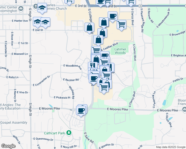 map of restaurants, bars, coffee shops, grocery stores, and more near 1175 South College Mall Road in Bloomington
