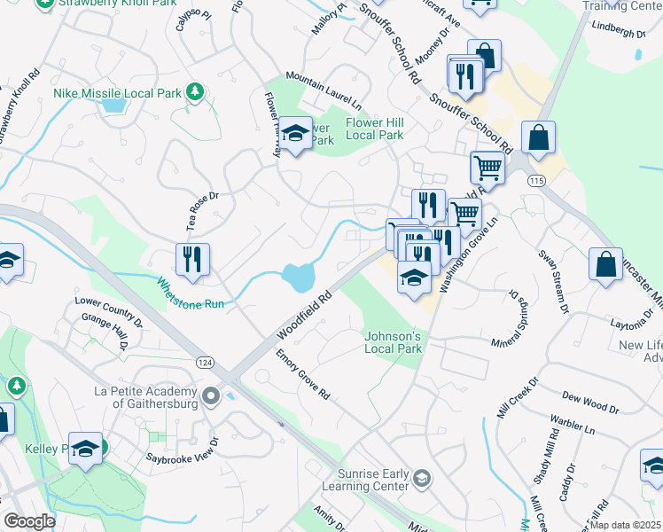 map of restaurants, bars, coffee shops, grocery stores, and more near 18302 Streamside Drive in Gaithersburg