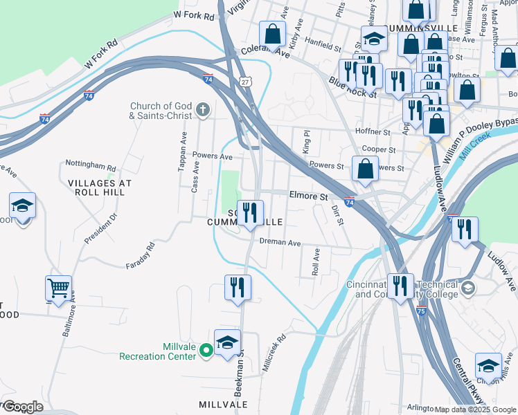 map of restaurants, bars, coffee shops, grocery stores, and more near in Cincinnati