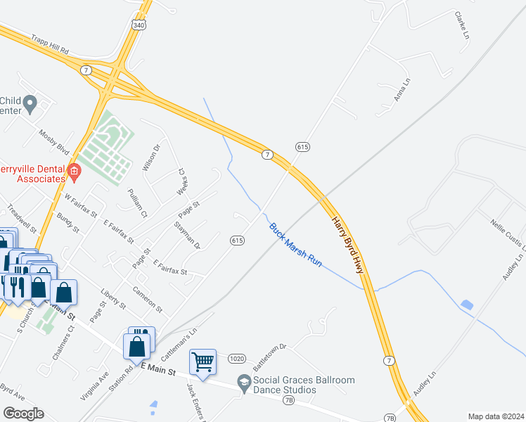 map of restaurants, bars, coffee shops, grocery stores, and more near 318 1st Street in Berryville
