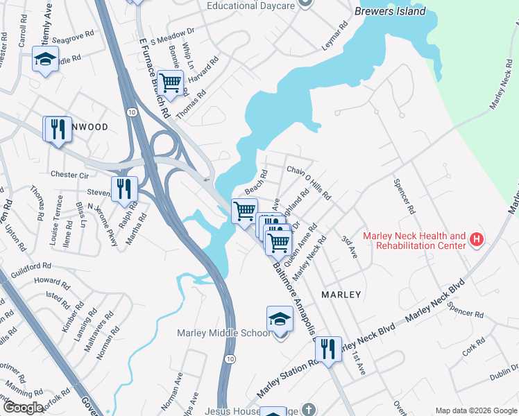 map of restaurants, bars, coffee shops, grocery stores, and more near 4 Wendover Road in Glen Burnie