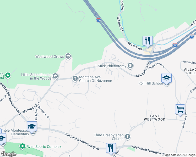 map of restaurants, bars, coffee shops, grocery stores, and more near 3924 Yearling Court in Cincinnati