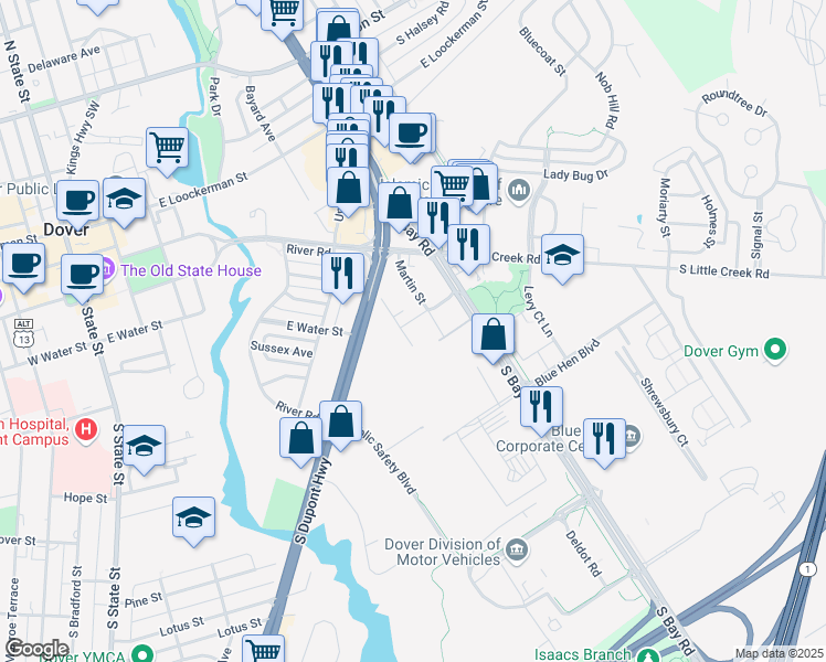 map of restaurants, bars, coffee shops, grocery stores, and more near 404 Cowgill Street in Dover