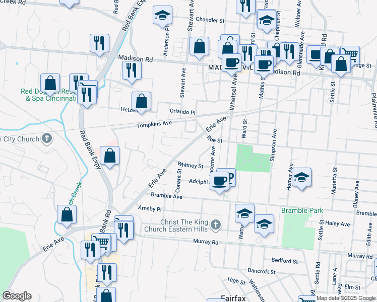 map of restaurants, bars, coffee shops, grocery stores, and more near 5716 Whitney Street in Cincinnati