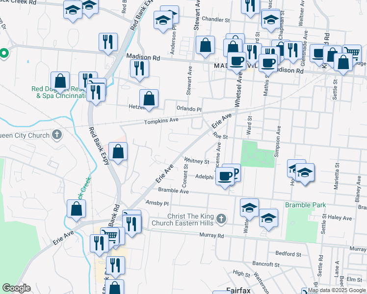 map of restaurants, bars, coffee shops, grocery stores, and more near 5716 Whitney Street in Cincinnati