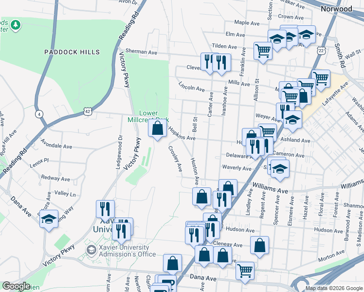 map of restaurants, bars, coffee shops, grocery stores, and more near 4042 Crosley Avenue in Cincinnati