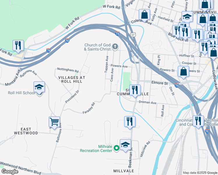 map of restaurants, bars, coffee shops, grocery stores, and more near 2028 Faraday Road in Cincinnati