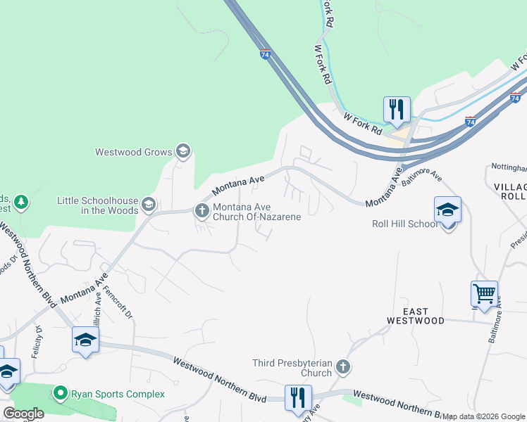 map of restaurants, bars, coffee shops, grocery stores, and more near 3924 Yearling Court in Cincinnati