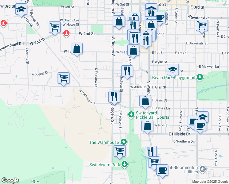 map of restaurants, bars, coffee shops, grocery stores, and more near in Bloomington