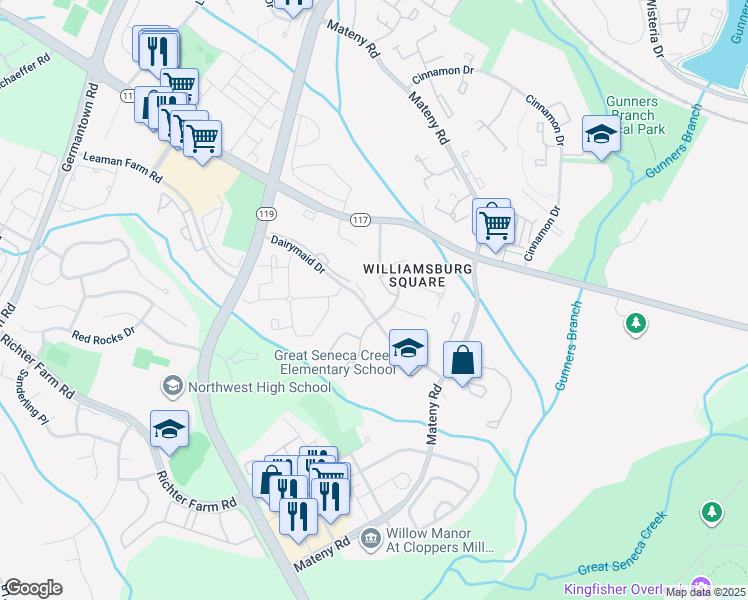 map of restaurants, bars, coffee shops, grocery stores, and more near 13109 Dairymaid Drive in Germantown