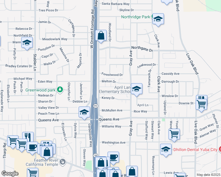 map of restaurants, bars, coffee shops, grocery stores, and more near 1227 Casita Drive in Yuba City